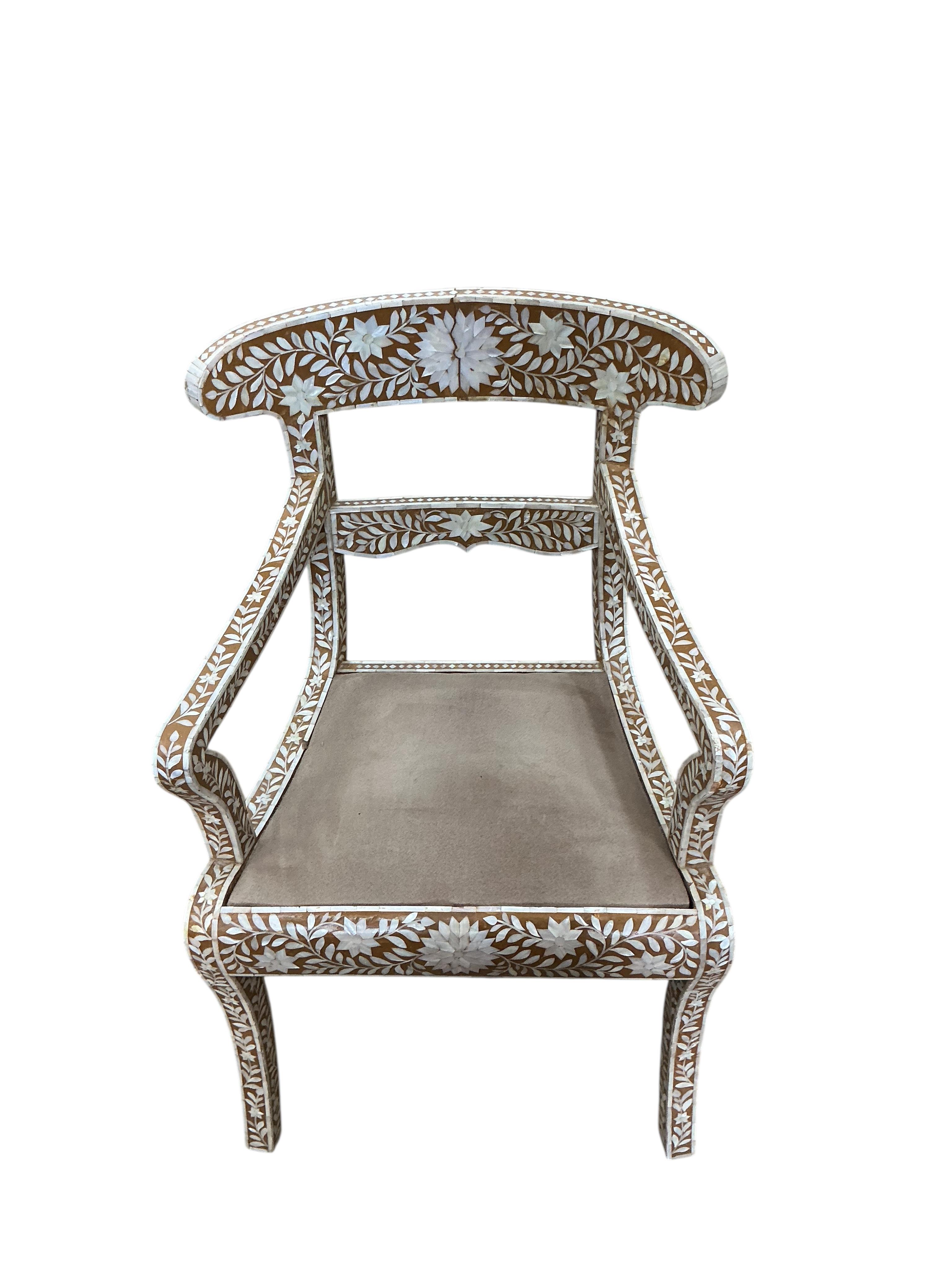 A 19th century Anglo Indian mother of pearl inlaid elbow chair, width 56cm, depth 44cm, height 90cm